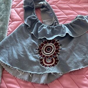 Zara Blue Ruffled Blouse with Floral Embroidery